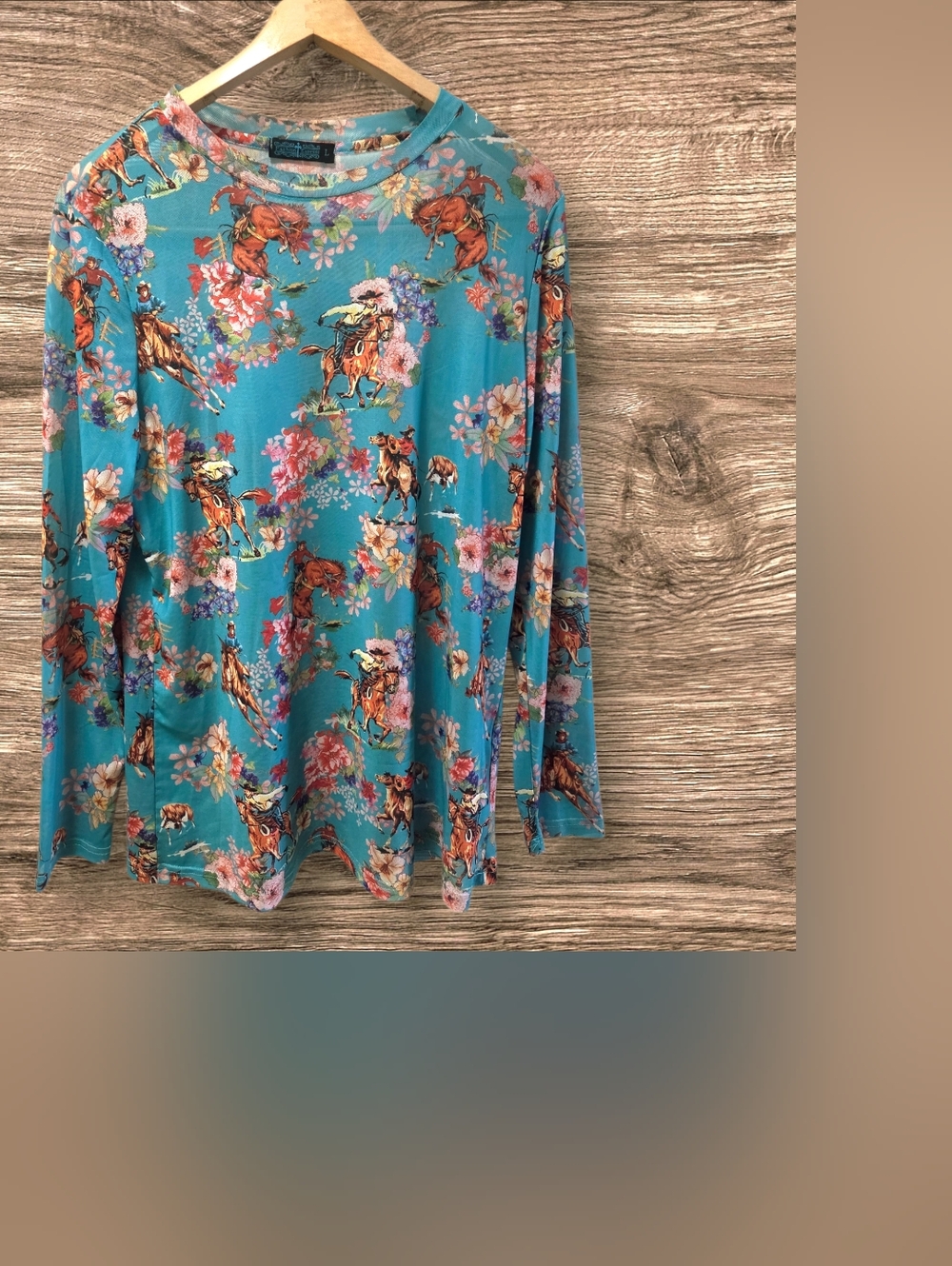 Fashion Express  Mesh Floral & Horse Western Print Long Sleeve Top